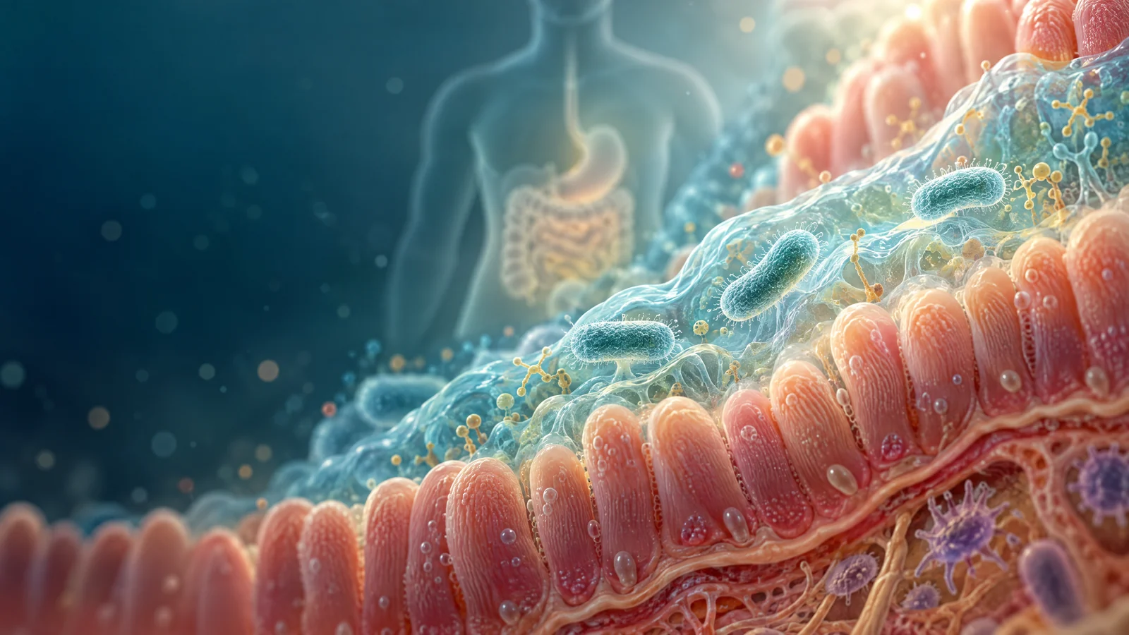 腸道黏膜與嗜黏蛋白阿克曼菌的醫學編輯插畫,象徵腸道微生態與減重維持研究