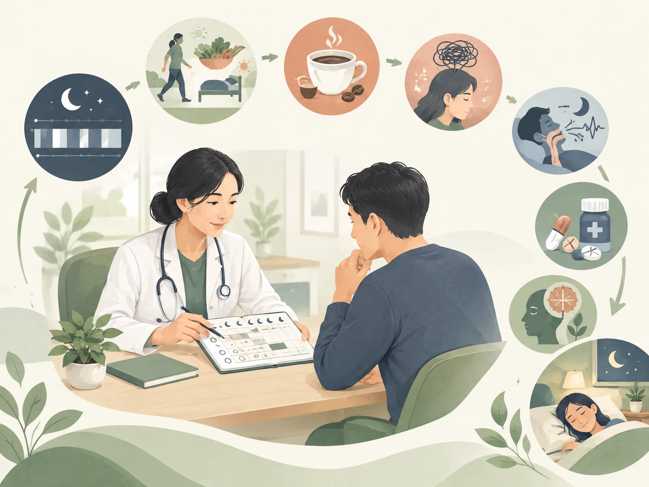 醫師與患者討論睡眠日誌,評估作息、咖啡因、壓力、睡眠呼吸中止症與藥物因素