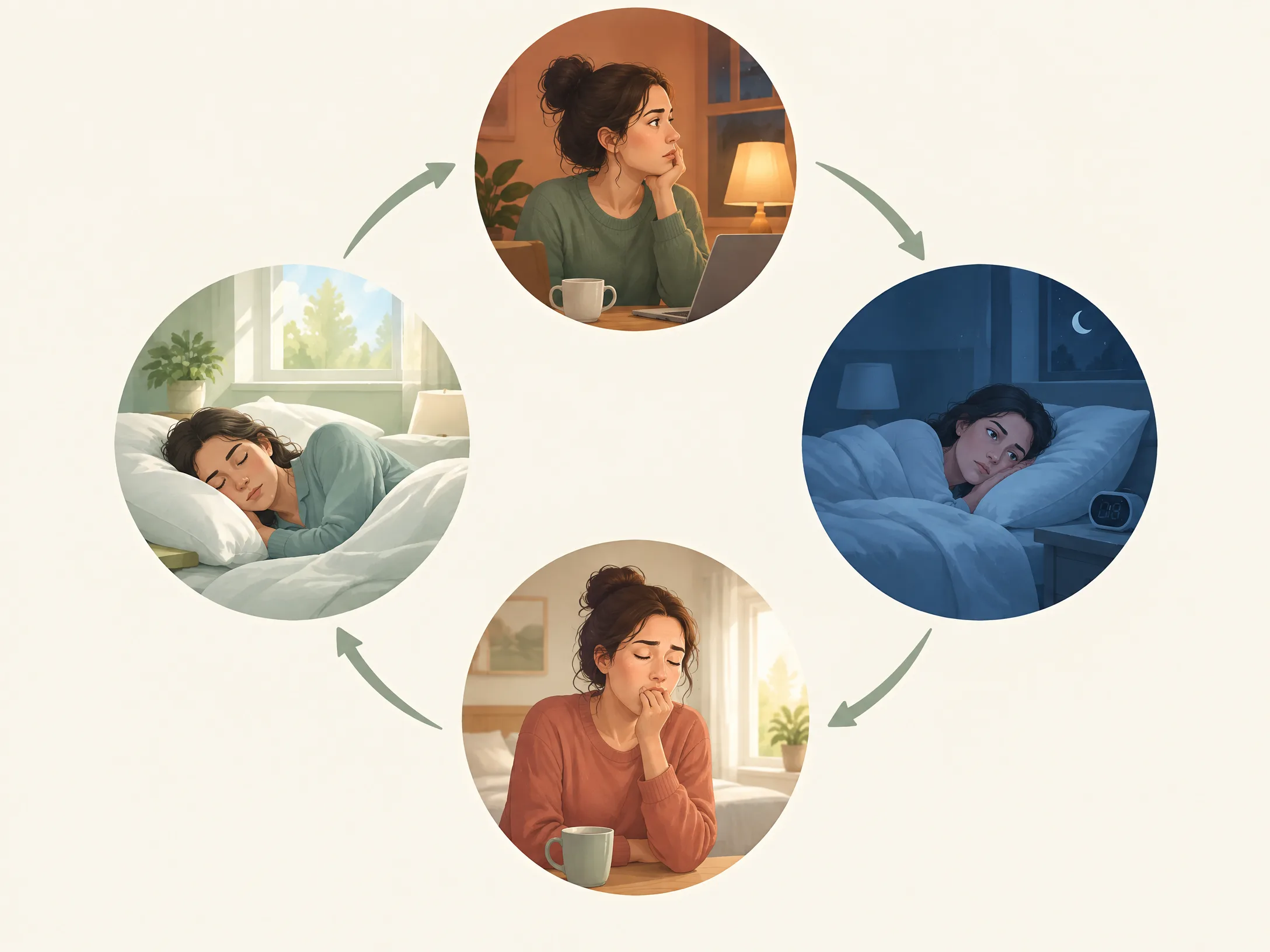 失眠與睡眠節律循環示意圖,呈現壓力、夜醒、疲倦與逐步恢復的睡眠循環
