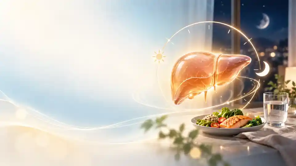 夜間進食與脂肪肝研究首圖:金色肝臟、生理時鐘與夜間餐點的醫學編輯插畫
