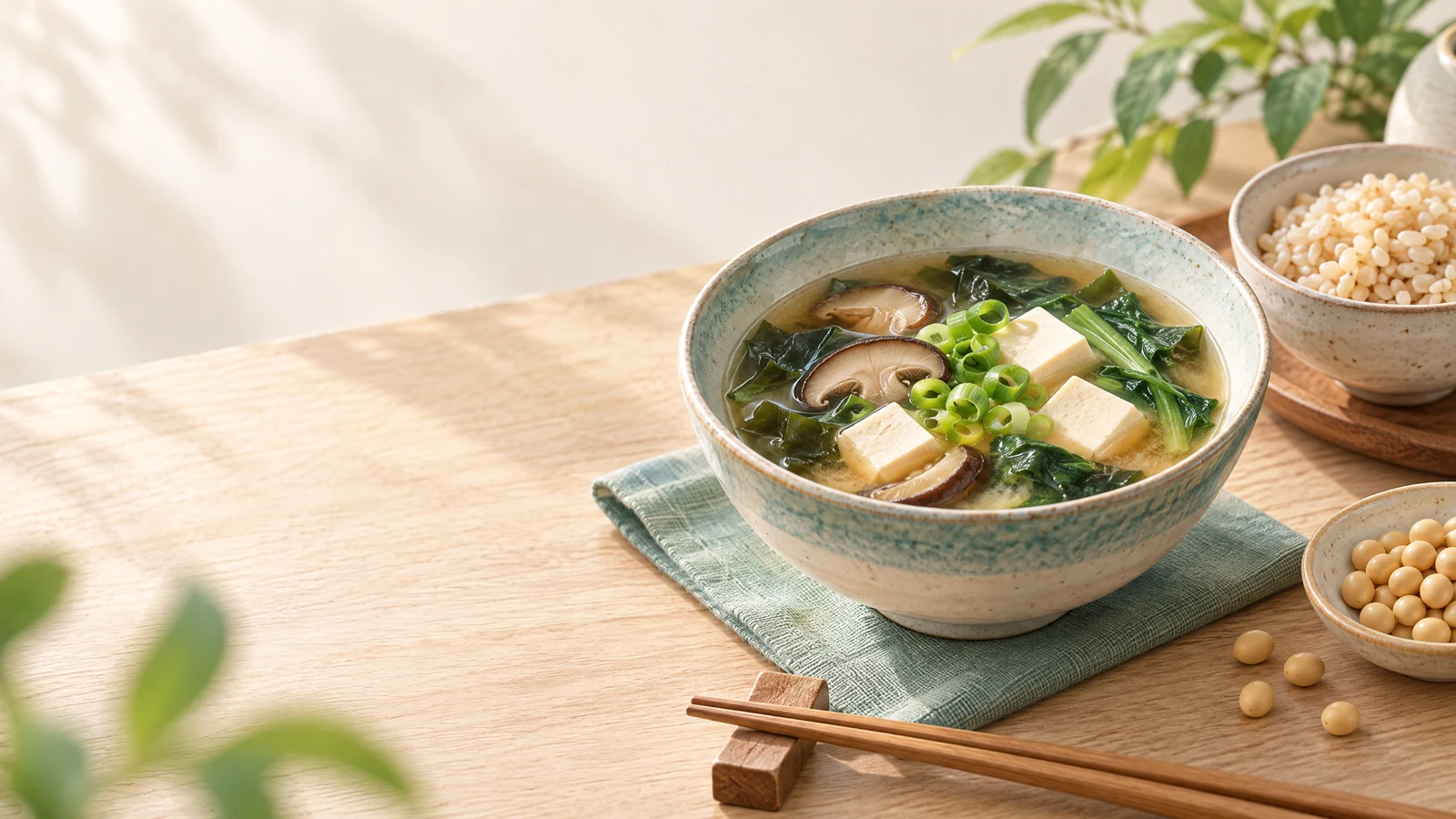 陶碗味噌湯搭配豆腐、香菇、海帶與蔥花,呈現均衡飲食中的發酵食品