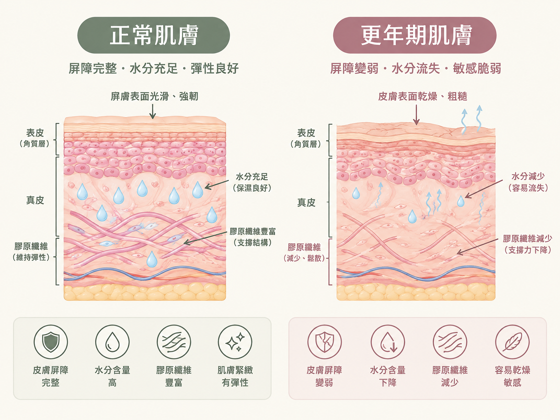 正常肌膚與更年期肌膚的皮膚結構、保水能力與膠原纖維比較示意圖