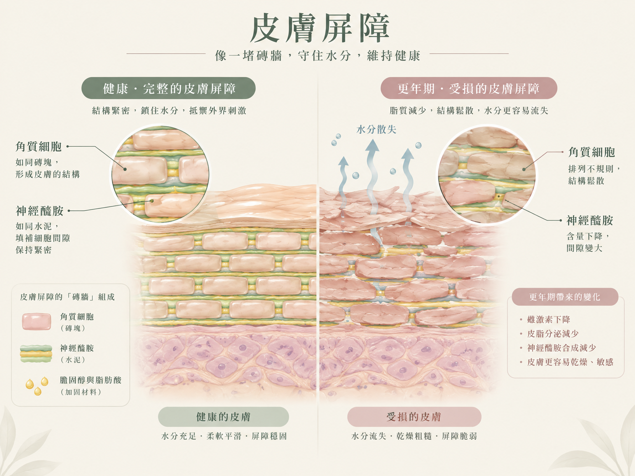 以磚牆比喻角質細胞、神經醯胺與更年期皮膚屏障的醫學示意圖